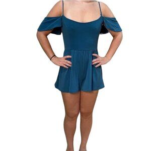 URBAN OUTFITTERS Off Shoulder Teal Ruffle Stretch Shorts Romper - size XS